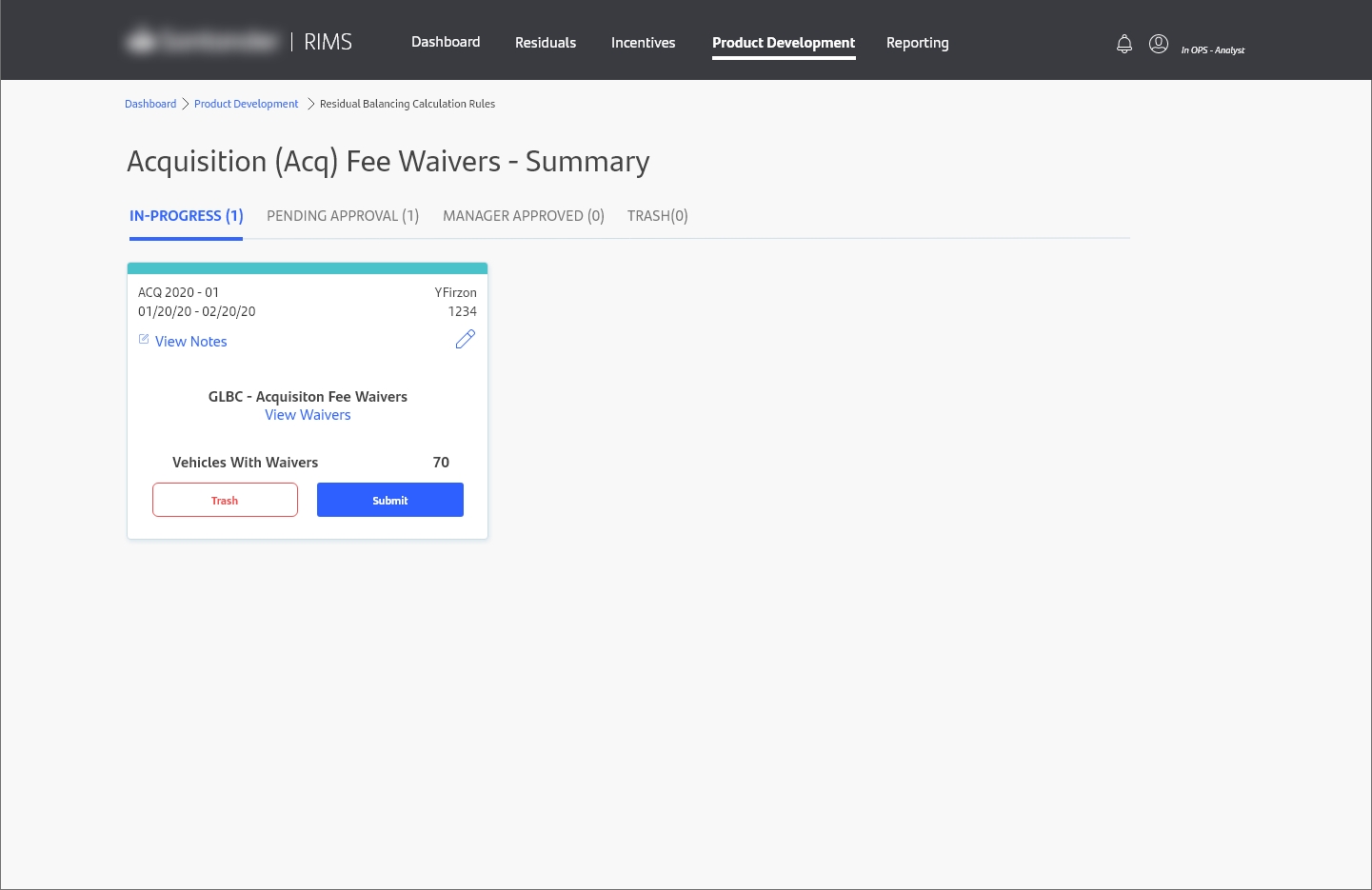 A landing page of a web application with a title that reads 'Acqisition Fee Waivers' and contains sections that say 'In-Progress', 'Pending Approval', 'Manager Approved', and 'Trash'. The 'In-Progress' heading is hightlighted and there is a single card that includes information about what can be found in that card with a light blue boarder on the top of the card.