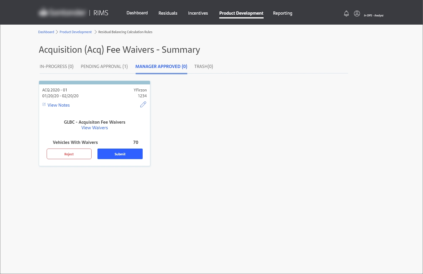 A landing page of a web application with a title that reads 'Acqisition Fee Waivers' and contains sections that say 'In-Progress', 'Pending Approval', 'Manager Approved', and 'Trash'. The 'Manager Approved' heading is hightlighted and there is a single card that includes information about what can be found in that card with a light blue-grey boarder on the top of the card.