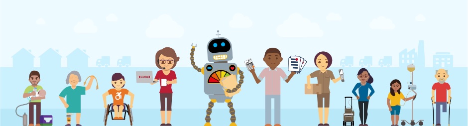 Patients, warehouse employees, and robot wave happily