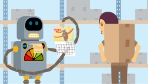 Robot showing a calendar to a warehouse employee